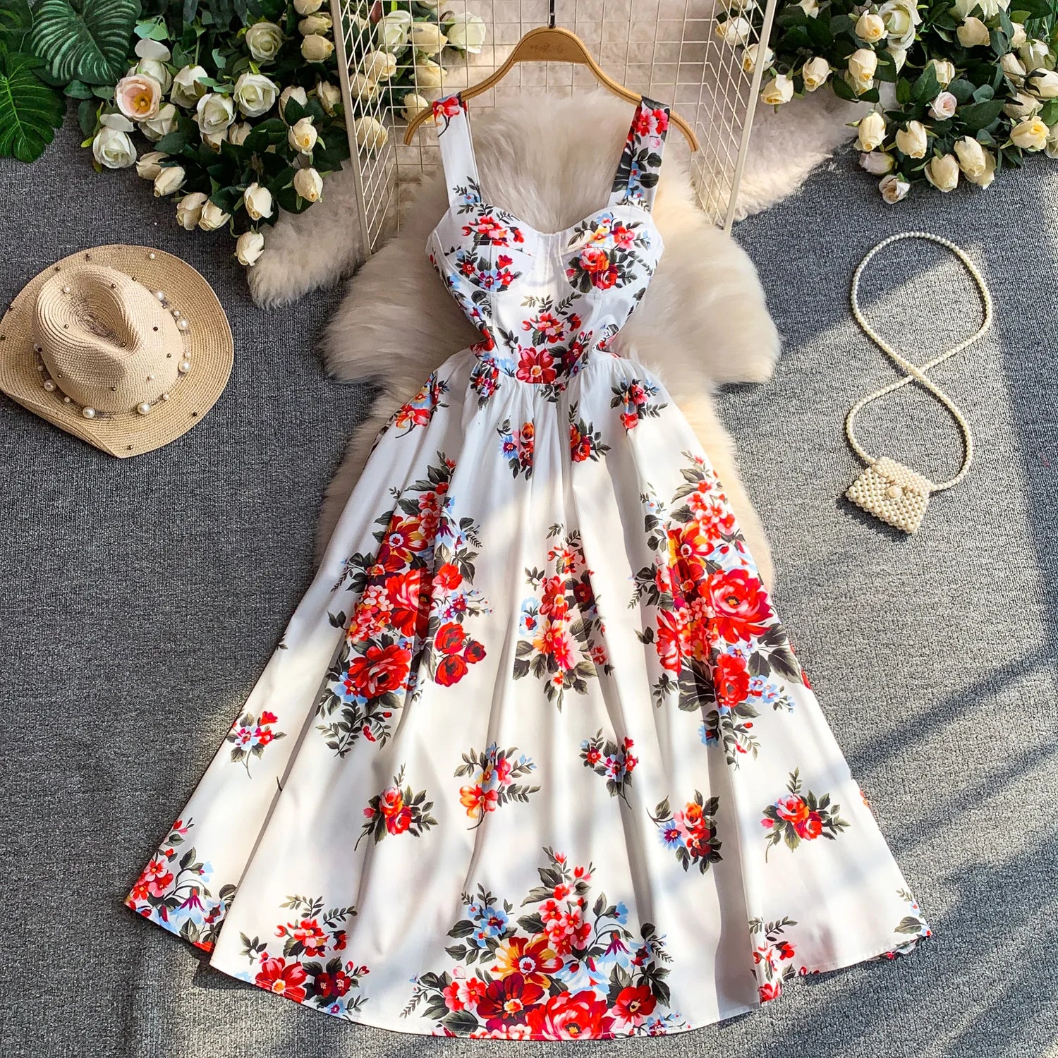 Retro Print Strapless Tube Dress Women's Summer Slimming A-Line Long Dress Court Style with Chest Pad Comfortable Breathable