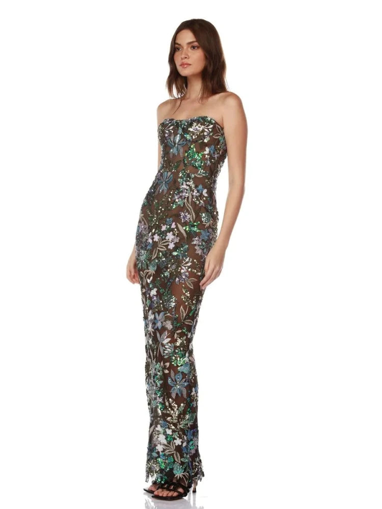 Sexy Strapless Floral Sequin Long Dress