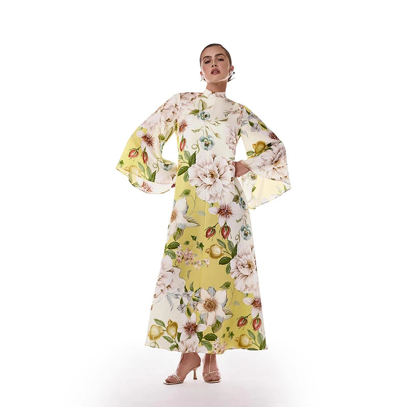 Floral Print Women Dress Button Down Mock Neck Maxi Dresses Long Lantern Sleeve A-Line Waist Belt Flared Hem Elegant Streetwear - Shellss