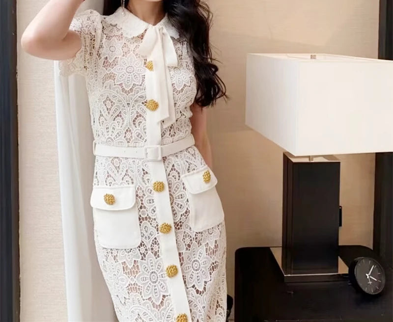 Lace Midi Dress Single Breasted Metal Buttons