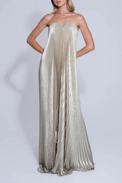 Strapless Pleated Maxi Dress Gown Pleated Skirt Women