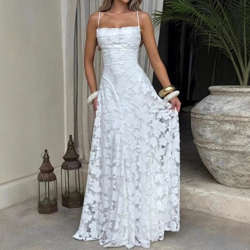 Women Fashion Jacquard Lace Solid Party Dress Elegant Backless Slim Sling Dress Sexy Off Shoulder Sleeveless Beach Long Dress - Shellss