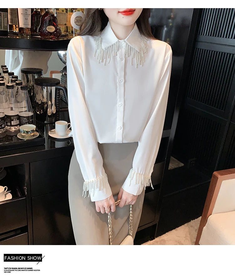 Luxus Perlen Perlen Quasten Weiße Hemden