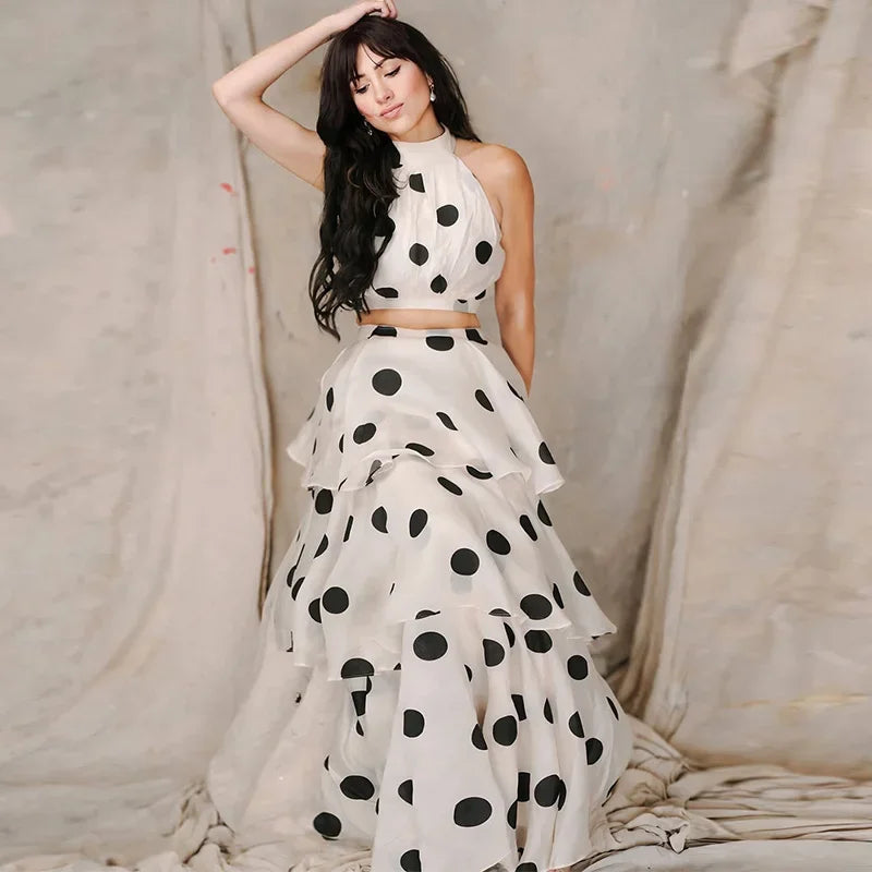 1 Polka Dots Vest Ruffles A-line Long Skirt set