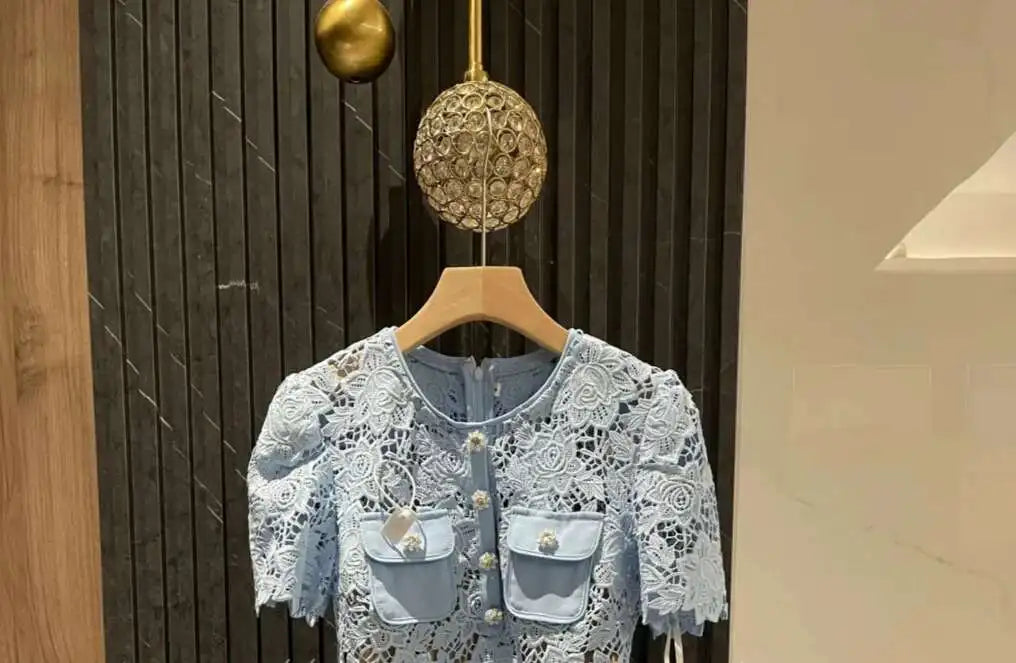 Runway Elegant Blue Embroidery Lace Dresses