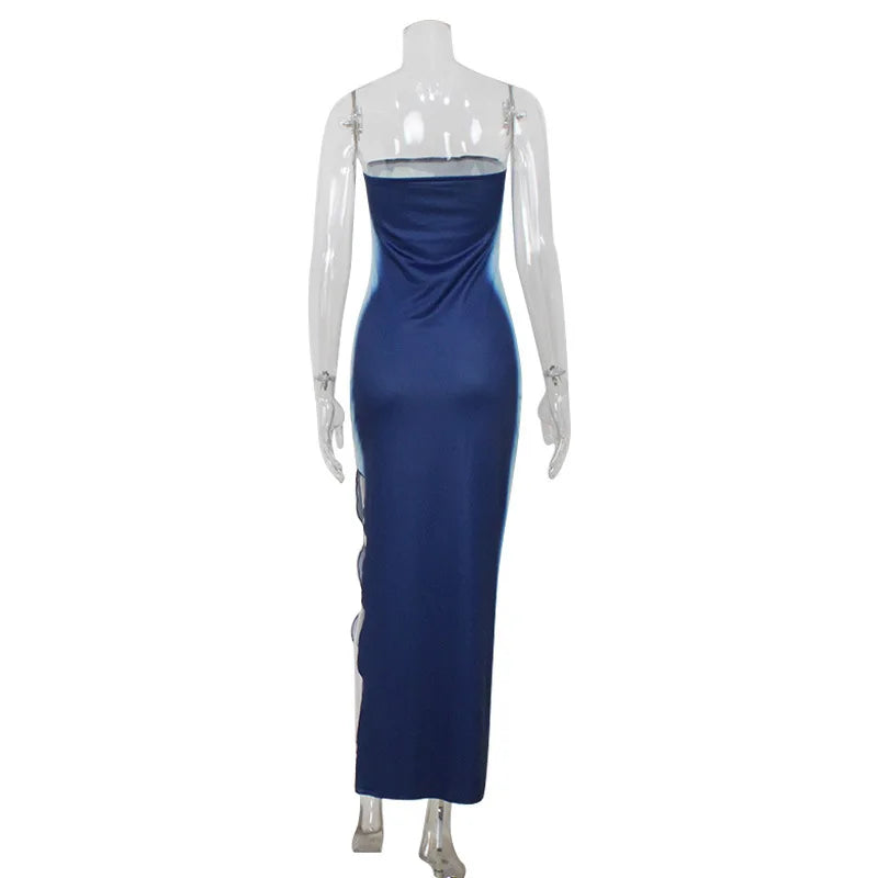 Fashion Elegant Sleeveless Print Long Dress Women's Sexy Backless Strapless Bodycon Maxi Dresses Summer Beach Holiday Long Robe