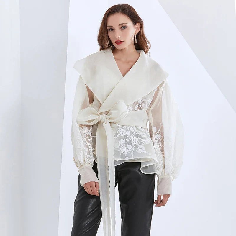 Embroidered Lapel Blouse