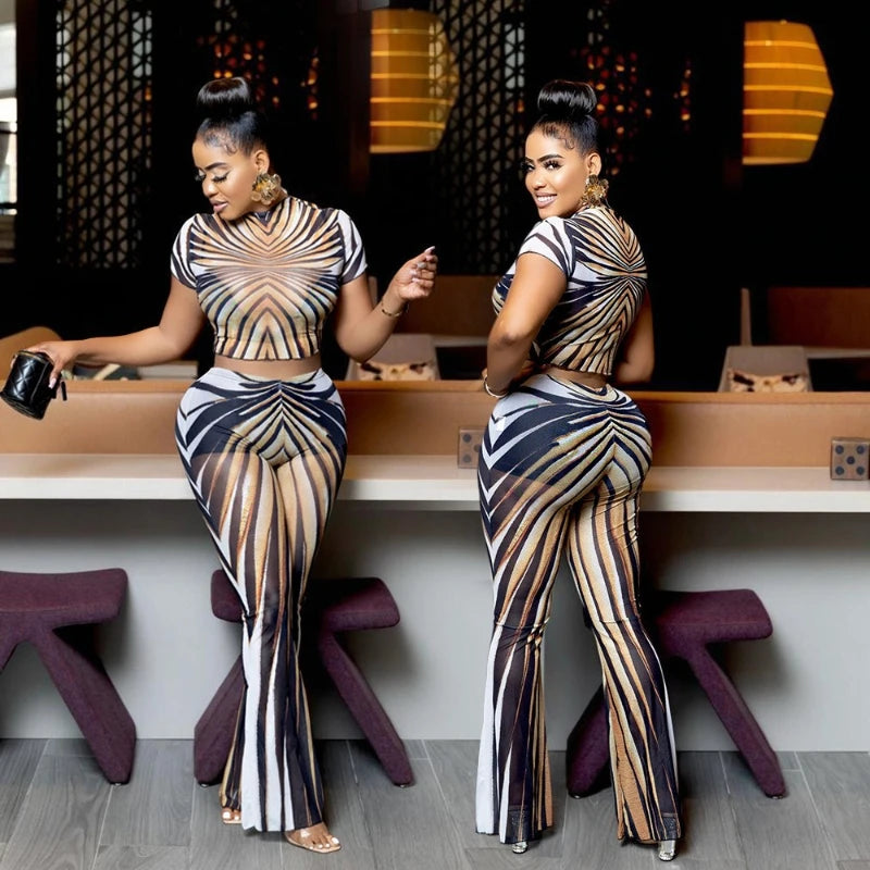 Summer Stripe Sheer Mesh Two Piece Set Women Short Sleeve Top High Waist Pants Elegant See Through Bodycon Matching Sets - Shellss