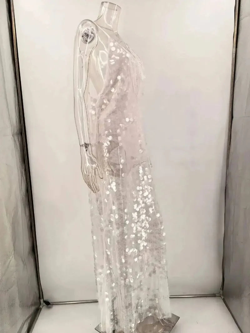 Sexy Sheer Sequin Lace Trim Spaghetti Strap Maxi Dress Deep V‑Neck Backless Bodycon Dresses Beach Vacation Evening Party Gown