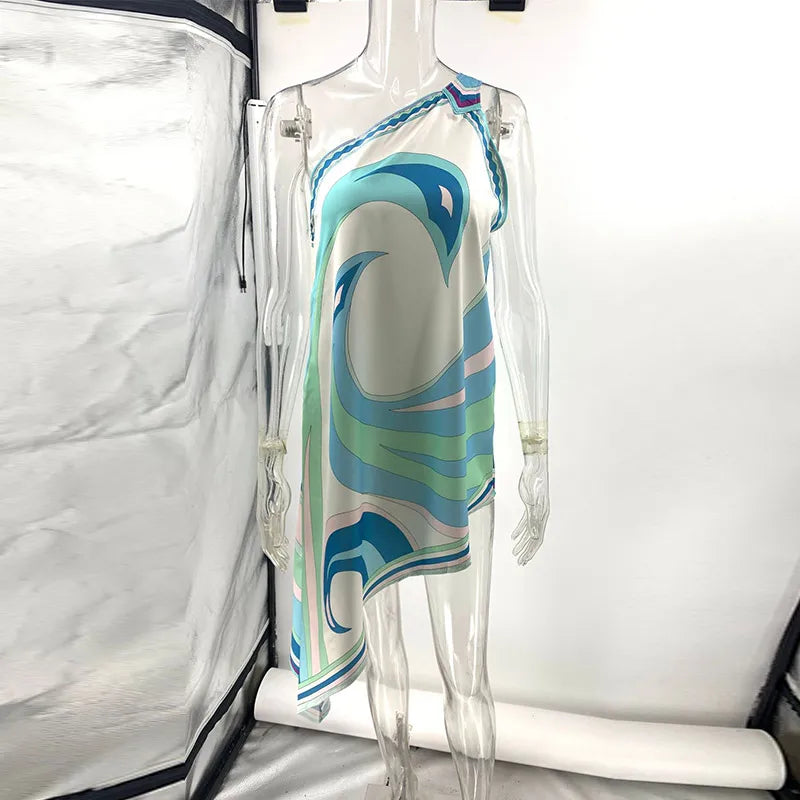 Casual Printed One Shoulder Women's Short Dress Asymmetric Sleeveless Backless Beach Dresses 2026 Summer Lady Vacation Vestidoes