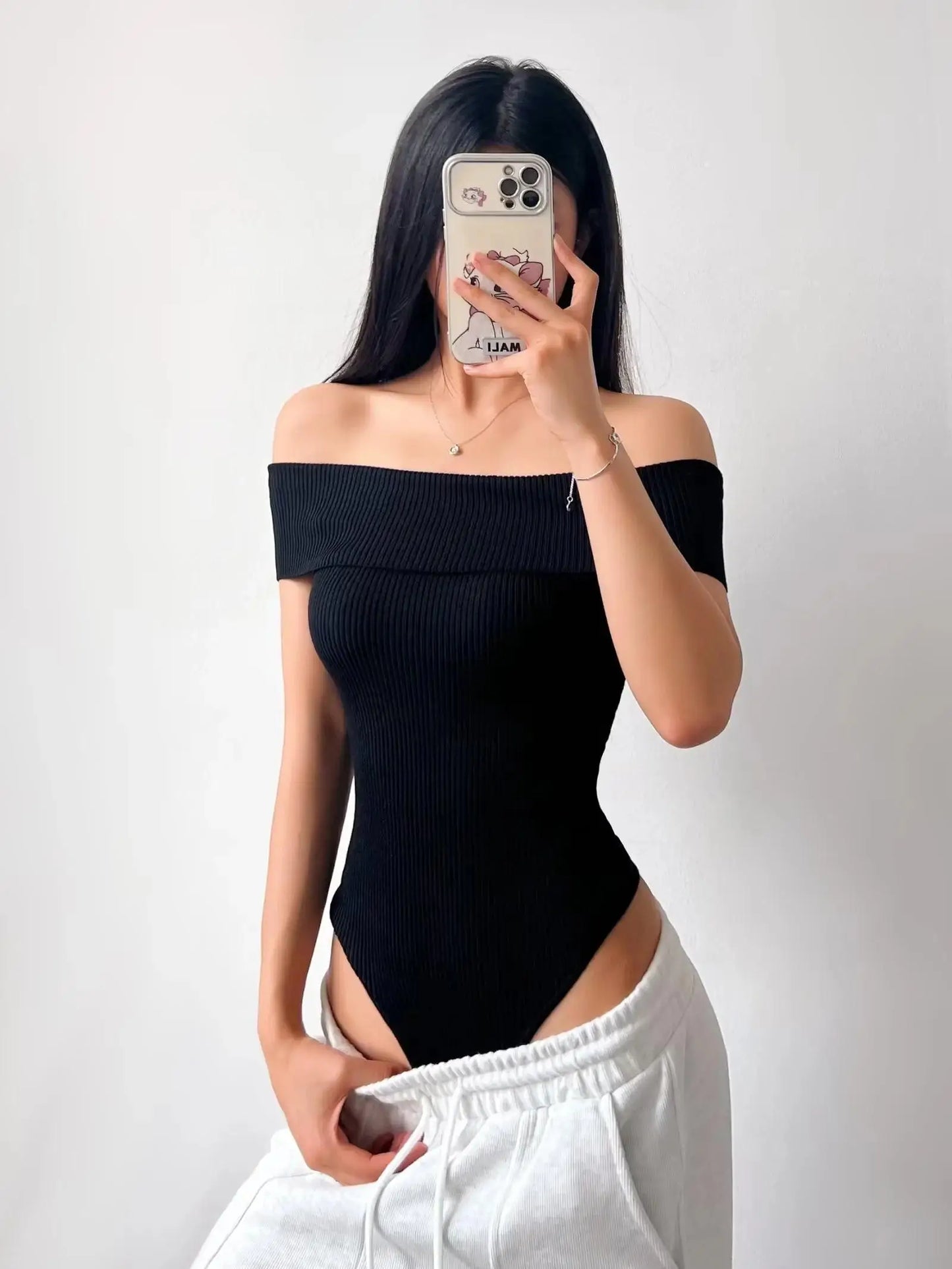 Off Shoulder Rib Knitted Bodysuit