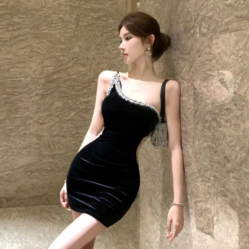 Summer French Elegant Fashion Evening Gown Women's Backless One-shoulder Bodycon Velvet Dress High-end Diamond Slim Gown Summer