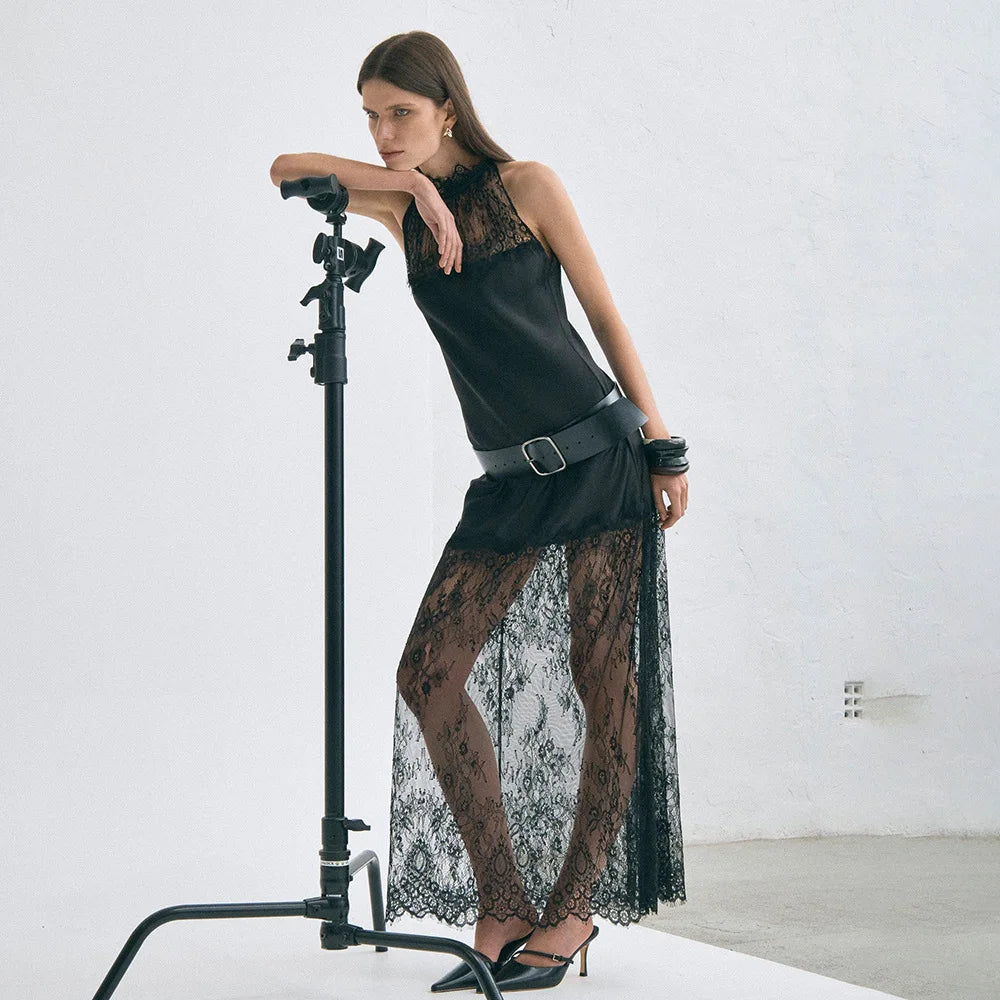 Satin lace long dress