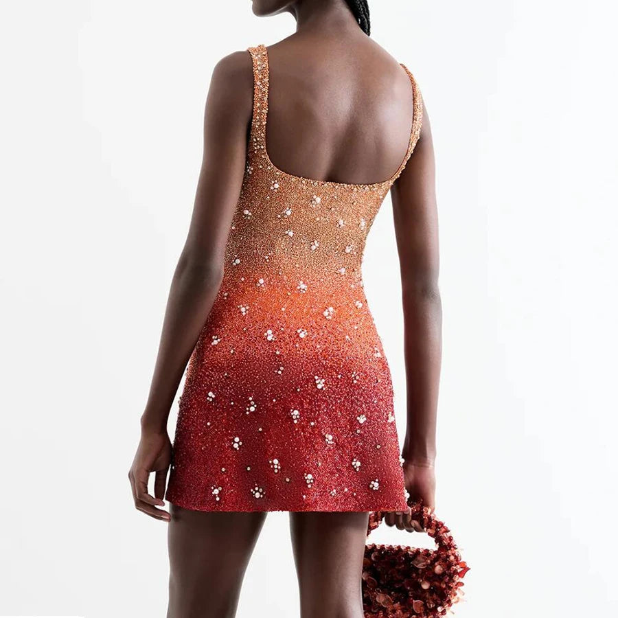 Summer New Temperament Sequin Slim Evening Dress Casual Square Collar Pearl Vestidos Hollow Sleeveless Suspender Club Dresses