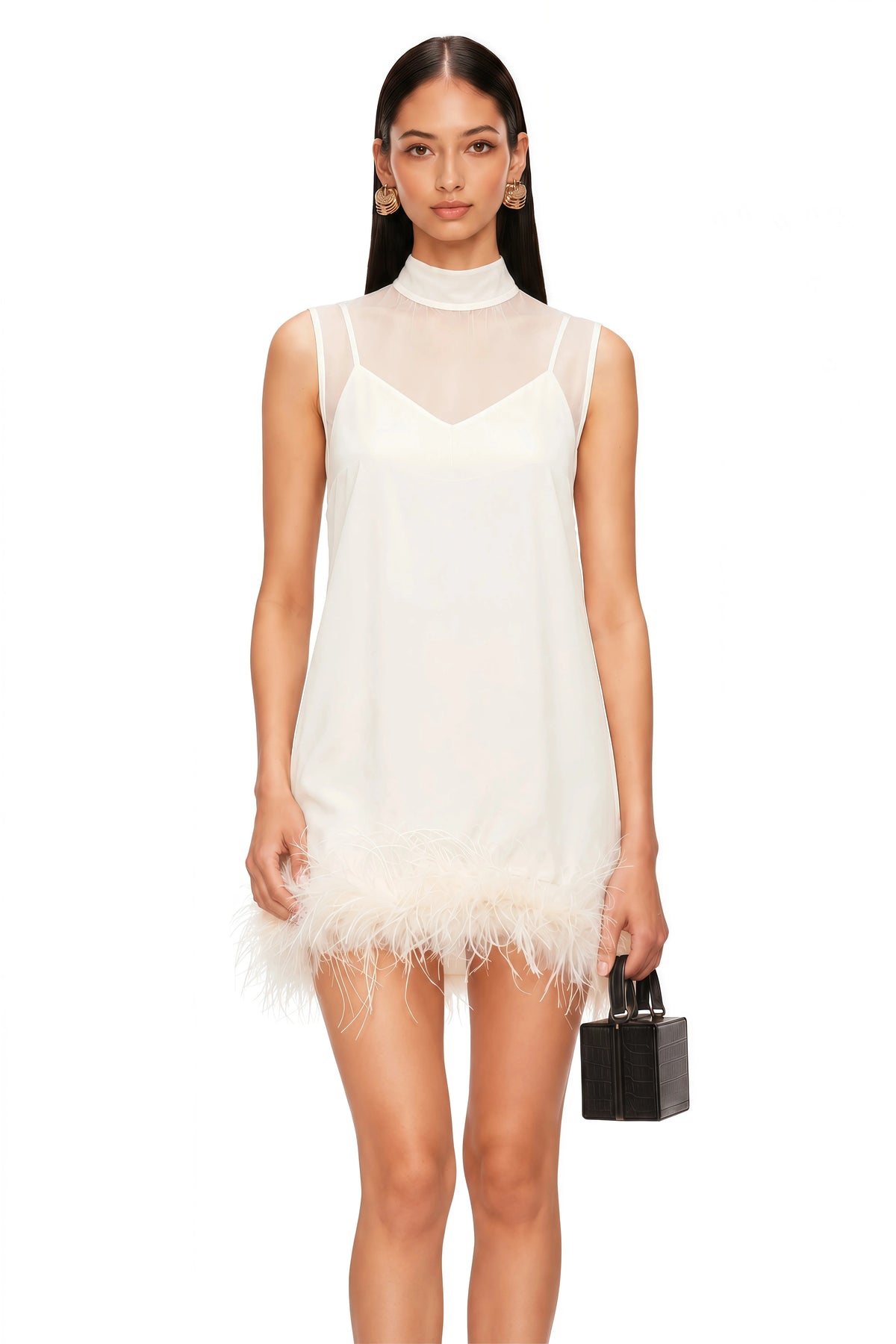 Halloween Outfit High End Feather Mini Cocktail Dress Mock Neck See Through Mesh Sleeveless Short Dress For Cosplay Bachelorette - Shellss