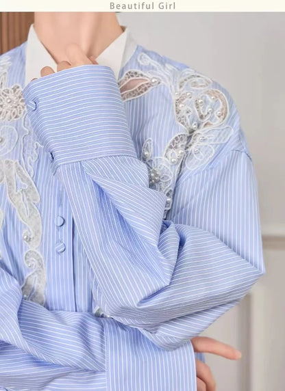 Pearls Beaded Lace Embroidery Blue Shirt