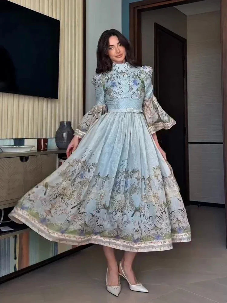 Floral Print Women Dress Button Down Mock Neck Maxi Dresses Long Lantern Sleeve A-Line Waist Belt Flared Hem Elegant Streetwear - Shellss