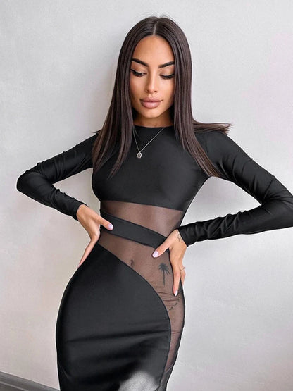 Elegant Directional Design  New Mesh Splicing Long Sleeve Tight Dresses