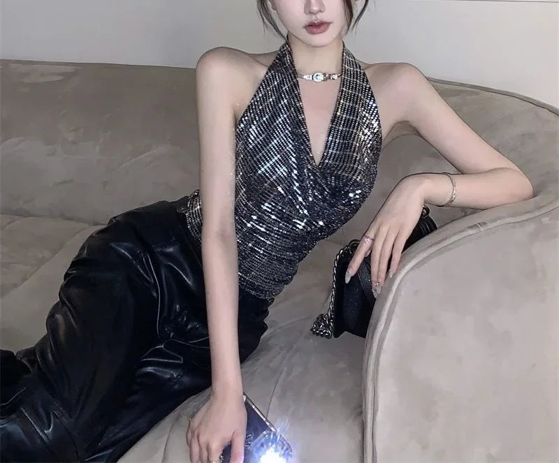 Shiny Sequin Halter Neck Crop Top Sparkly