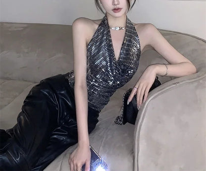 Shiny Sequin Halter Neck Crop Top Sparkly