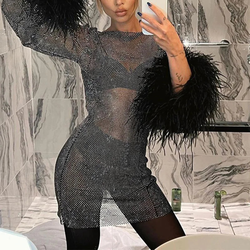 Sexy Vestidos Mesh Shiny Bodycon Mini Dress - Shellss