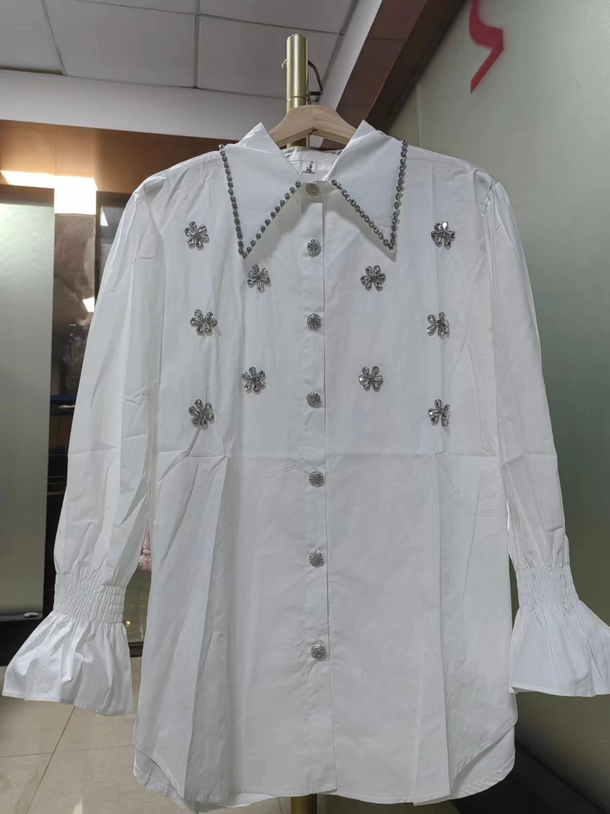 Oversize Rhinestone Embroidery Cotton Shirts