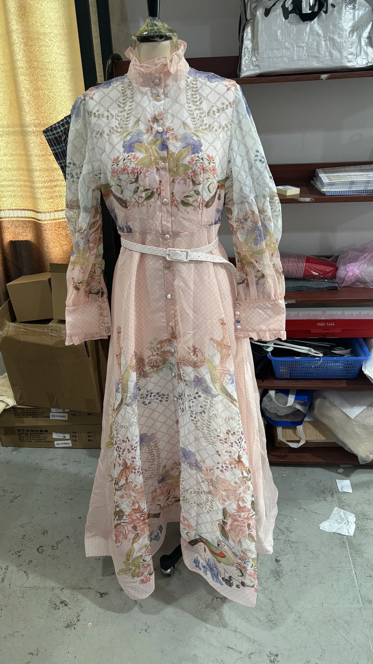 Floral Print Women Dress Button Down Mock Neck Maxi Dresses Long Lantern Sleeve A-Line Waist Belt Flared Hem Elegant Streetwear - Shellss