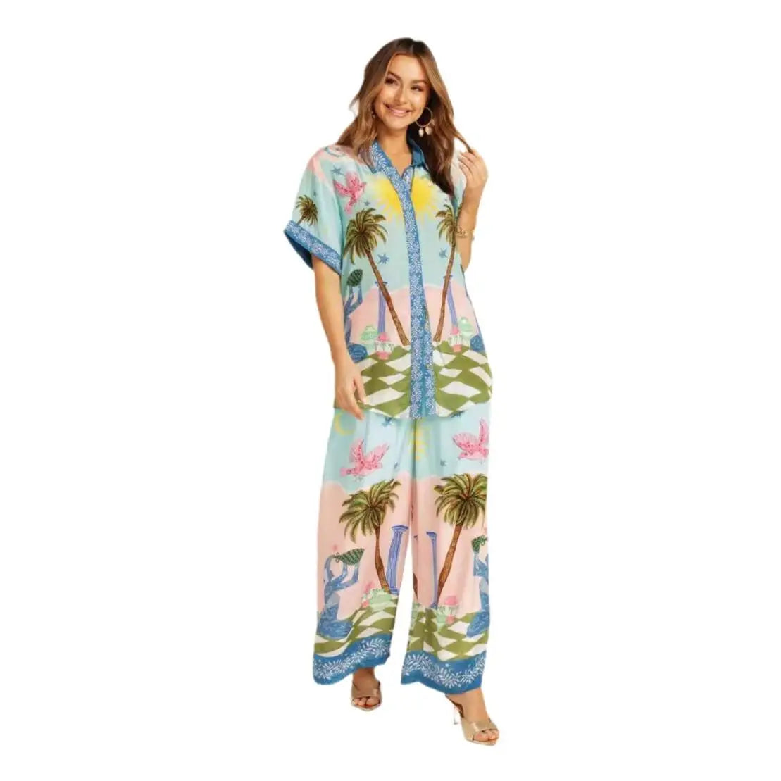 Printed Short Sleeve Tether Set Women's Fashion Ensemble Long Pants Winter Season Brand Unbranded Three-piece Combination - Shellss