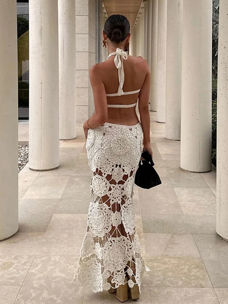 Beautiful Halter Neck Flower Lace Backless Dress Crochet beach resort PArty