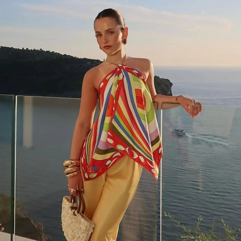 Fashion Printed Halter Vest Skirts Sets Women's Sleeveless Backless Tops Floor-length Skirt 2025 Summe New Beach Vacation suit