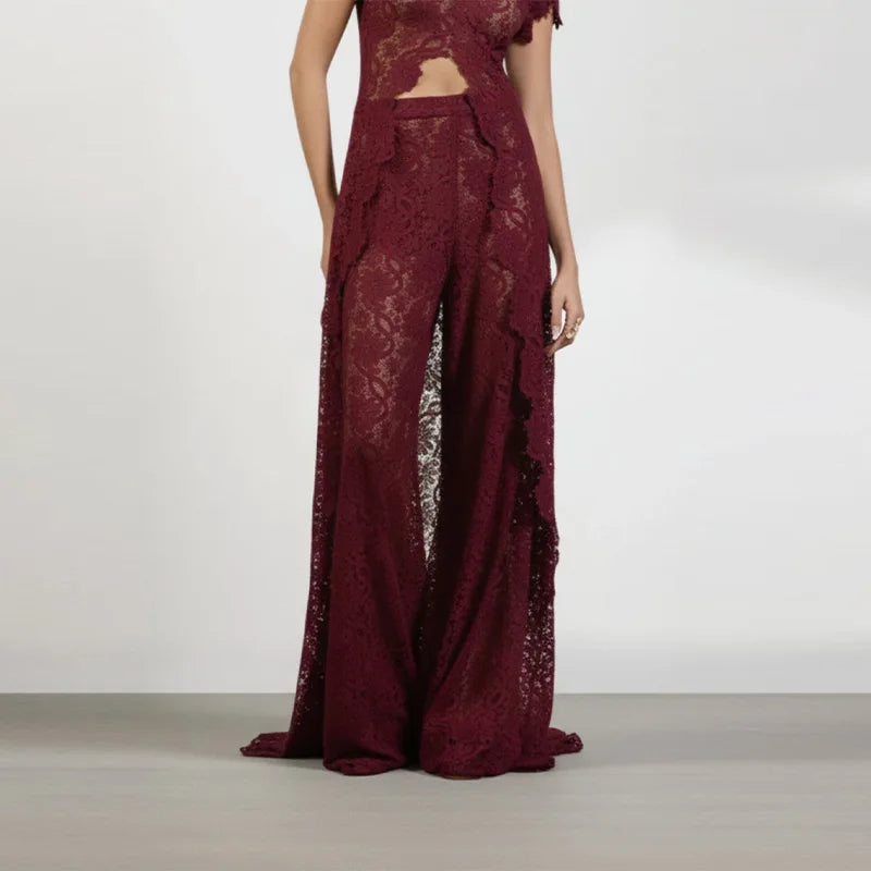 Chic Hollow Out Lace Long Cardigan Pant Sets Short Sleeve O Neck Crop Top High Waist Big Leg Lace Trousers 2026 New Lady Outfits