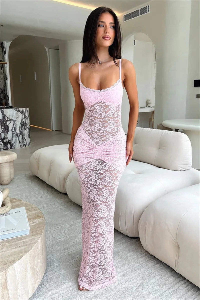 Mozision Lace Spaghetti Strap Sexy Maxi Dress Women Elegant See Through Sleeveless Backless Ruched Slinky Club Party Long Dress