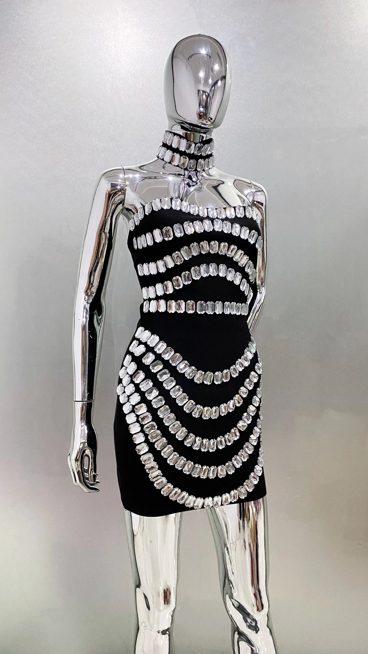 Sparkly Big Crystal Women Sexy Strapless Bodycon Mini Bandage Dress Necklace Celebrate Nightclub Party Photo Shoot Wear