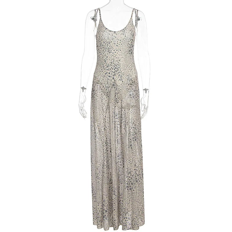 Women Summer Leopard Print Cami Maxi Dress High Waist Casual Beach Vacation Dress