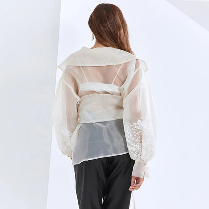 Embroidered Lapel Blouse