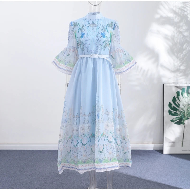 Floral Print Women Dress Button Down Mock Neck Maxi Dresses Long Lantern Sleeve A-Line Waist Belt Flared Hem Elegant Streetwear - Shellss