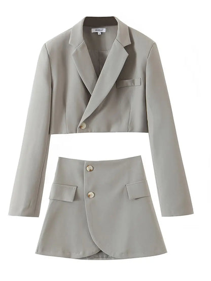 2 pieces 1 set Women One Button Short Blazer Cropped