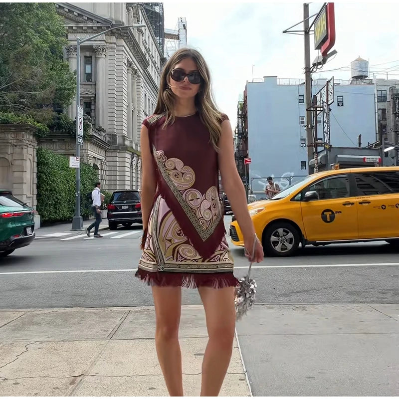 Women Retro Scarf Print Fringe Two Piece Set Sleeveless Round Neck Top Mini Skirt Boho 2026 Summer Vacation Matching Outfit