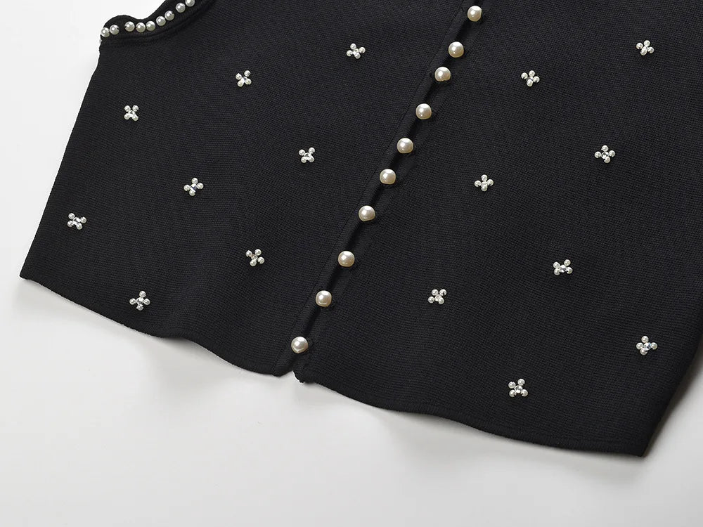 Sandro Summer New French Style Heavy Beaded Slim Fit Black Round Neck Sleeveless Top + Skirt