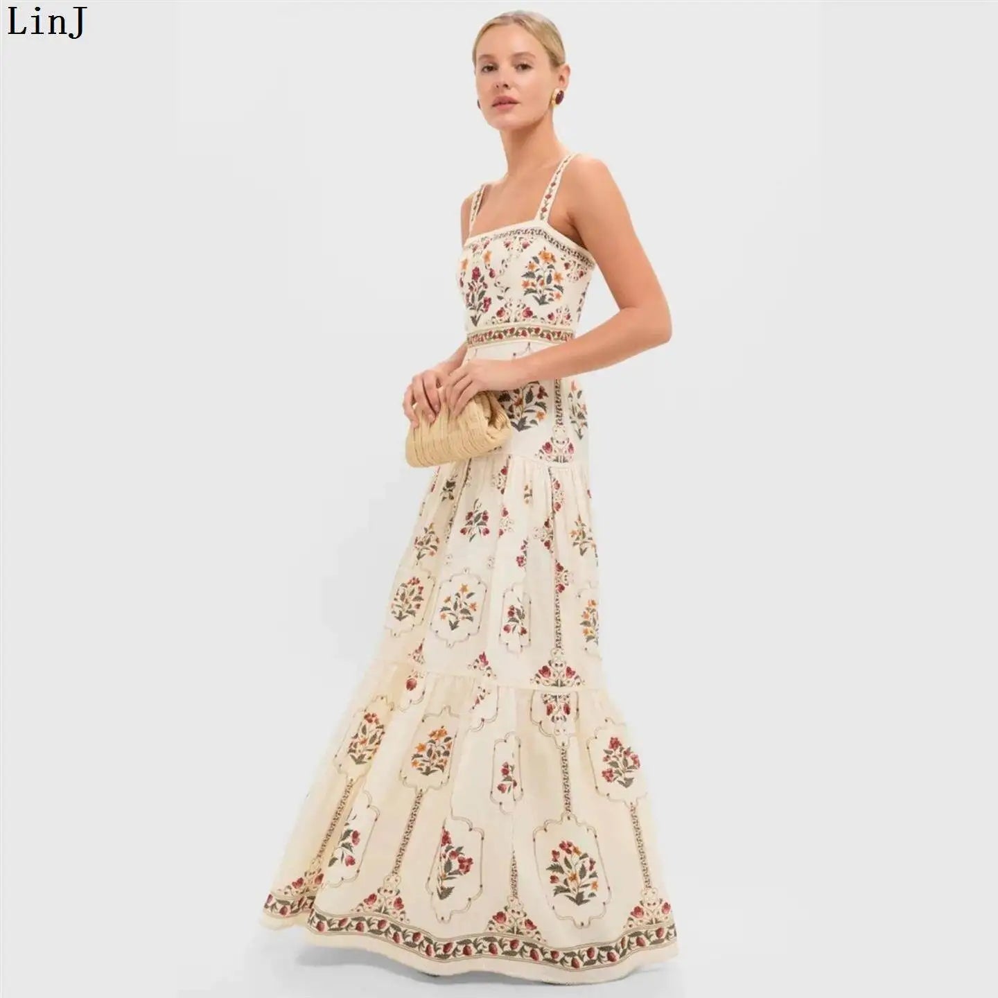 Casual Sleeveless Floral Patchwork Maxi Dress Women's Printed Dress Large Skirt European Style mid Waist Other 100% Fabric