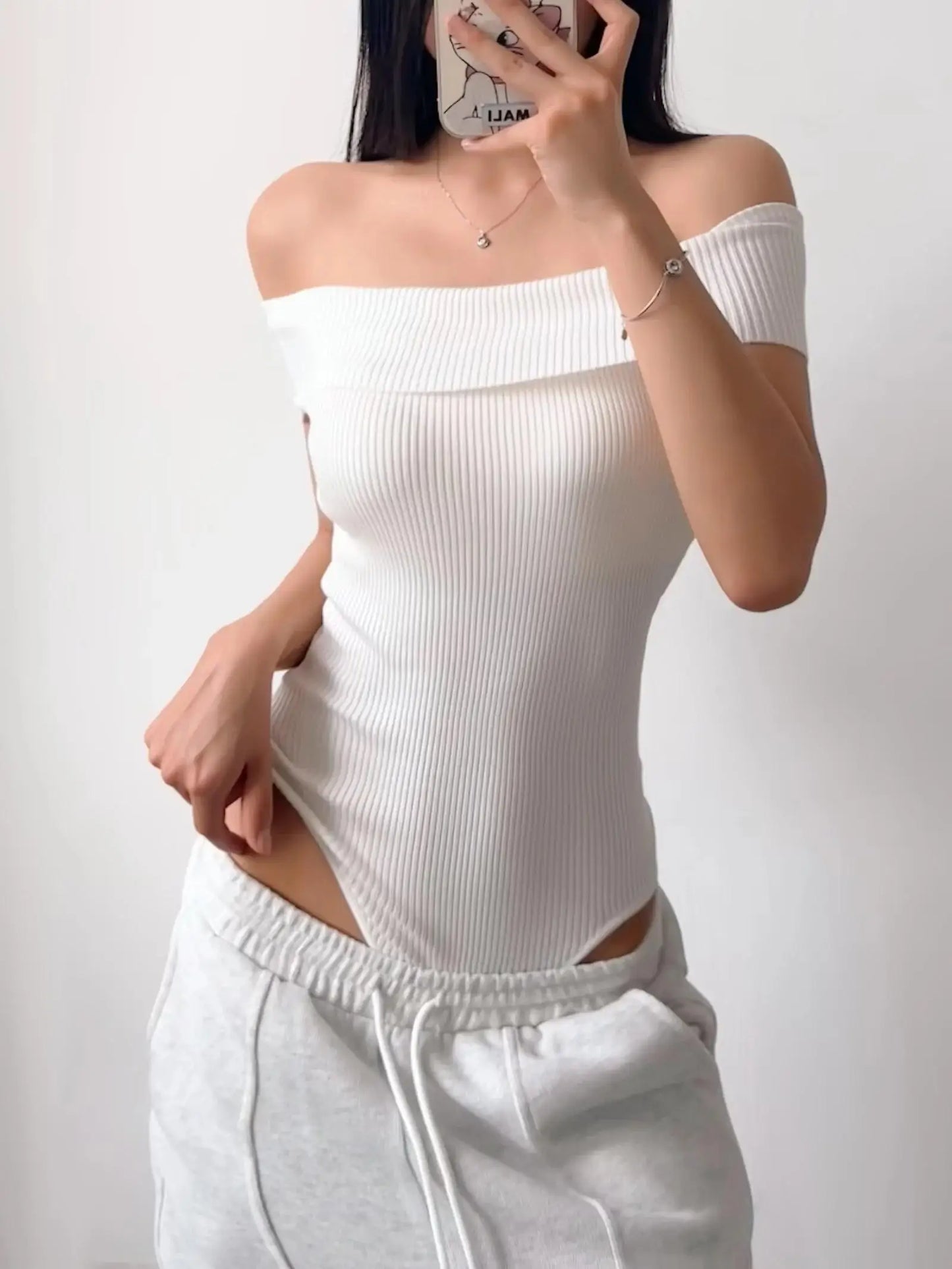 Off Shoulder Rib Knitted Bodysuit