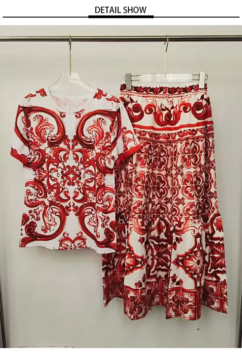 2026 Fashion Print Two-Piece Suit T-Sleeve T-Shirt round Neck Short Sleeves Big Fluffy Skirt Temperament Female Dress Code - Shellss