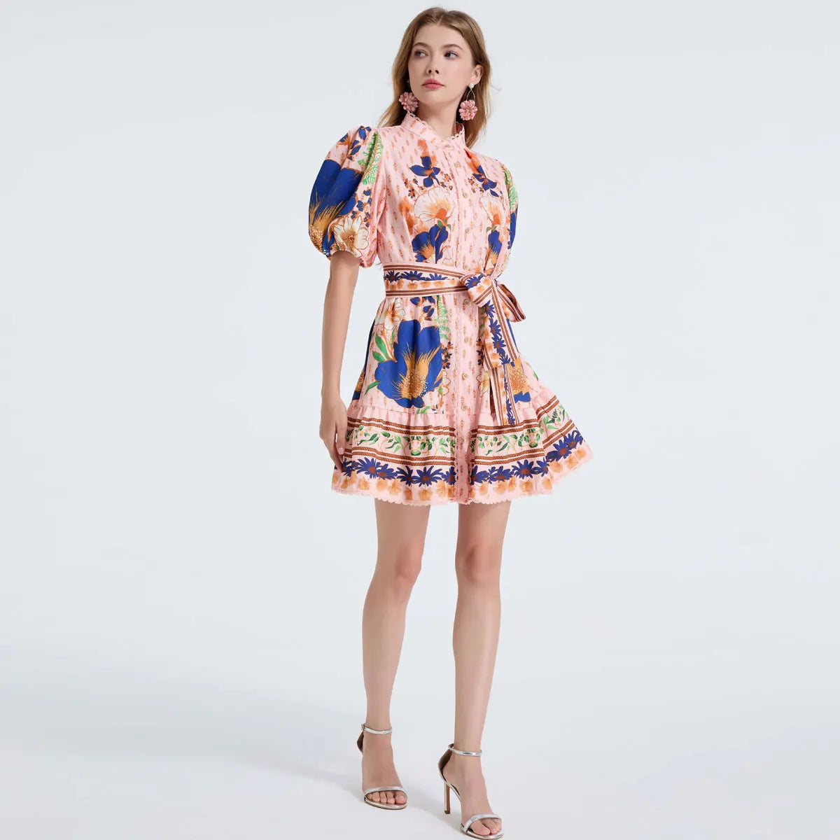 Pink Bubble Sleeve Ruffle Hem Slimming Dress with Belt Large Skirt Dress Single Button Print Street Style Long A- Line Dress New