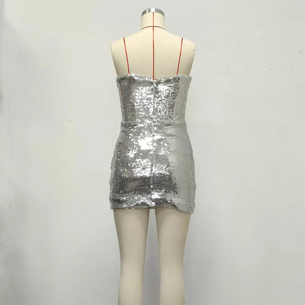 New Silver Sequined Strapless Dress with Fish Bones Waist Cinching Folded Hips Short Skirt Slim Fit Sexy Party Evening Dress