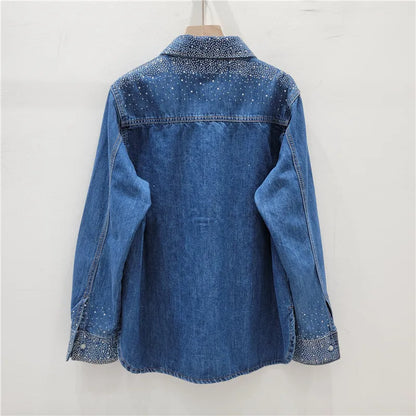 Women Hot Drilling Diamonds Beaded Denim Shirts Spring Sequined Rhinestones Jeans Blouses Jacket Long Sleeved Cardigan Tops 2024