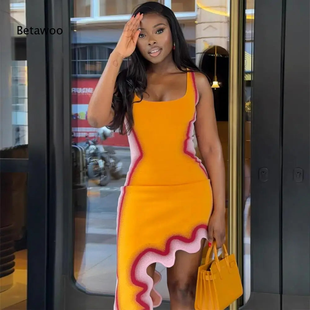 Square Neck Sleeveless Fitted Midi Dress Gradient Color Wavy Ruffle Trim Asymmetric Hem Evening Outfit For Women