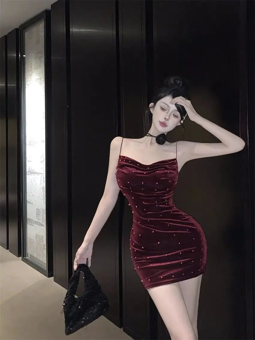 Spring Autumn Solid Color Fashion Slip Dress Women High Street Sexy Slim Pleated Package Hip Dress Embroidered Flares Vestidos