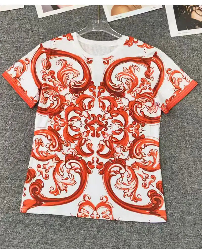 2026 Fashion Print Two-Piece Suit T-Sleeve T-Shirt round Neck Short Sleeves Big Fluffy Skirt Temperament Female Dress Code - Shellss
