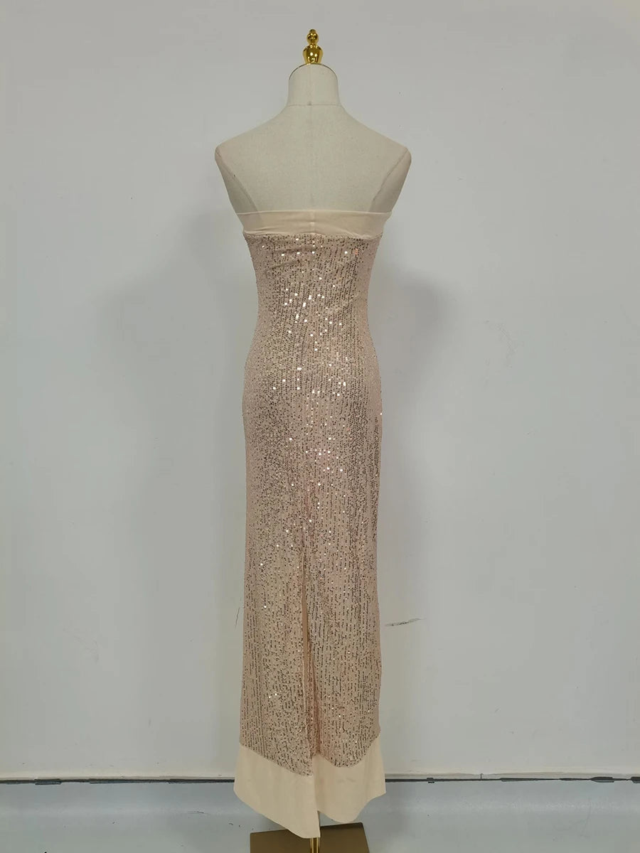 TWOTWINSTYLE Solid Slimming Fashion Dresses for Women Strapless Sleeveless Patchwork Sequins Midi Split Dress Female Clothing