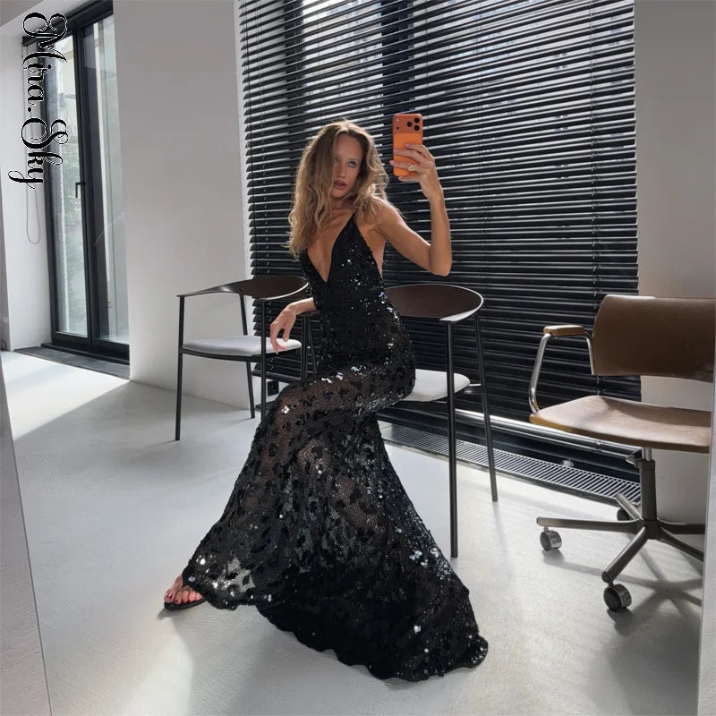 Black Floral Sequin Maxi Dress Sexy Spaghetti Strap Deep V Fishtail Outfit 2026 Summer Luxury Gala Formal Wedding Party Gowns